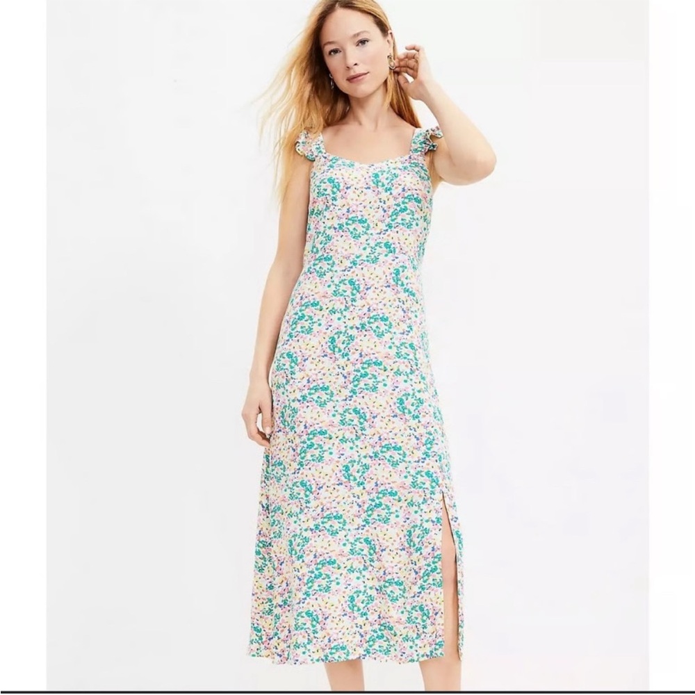 NWT LOFT Multicolor Print Ruffle Strap Midi Dress Size 10